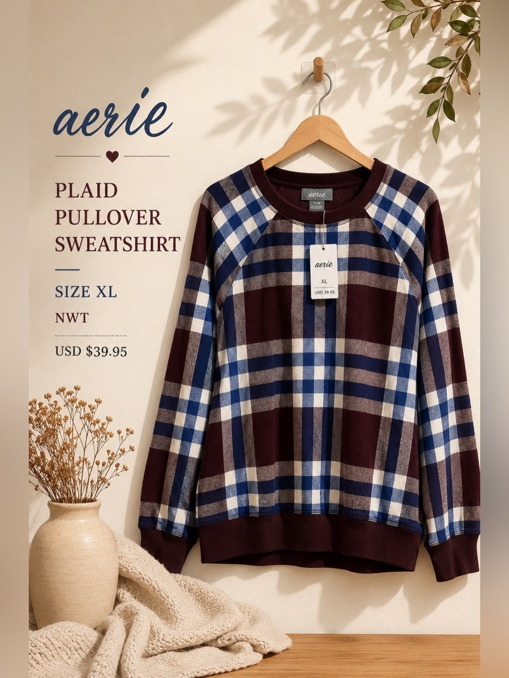 aerie Plaid Pullover Sweatshirt Burgundy Blue Size XL